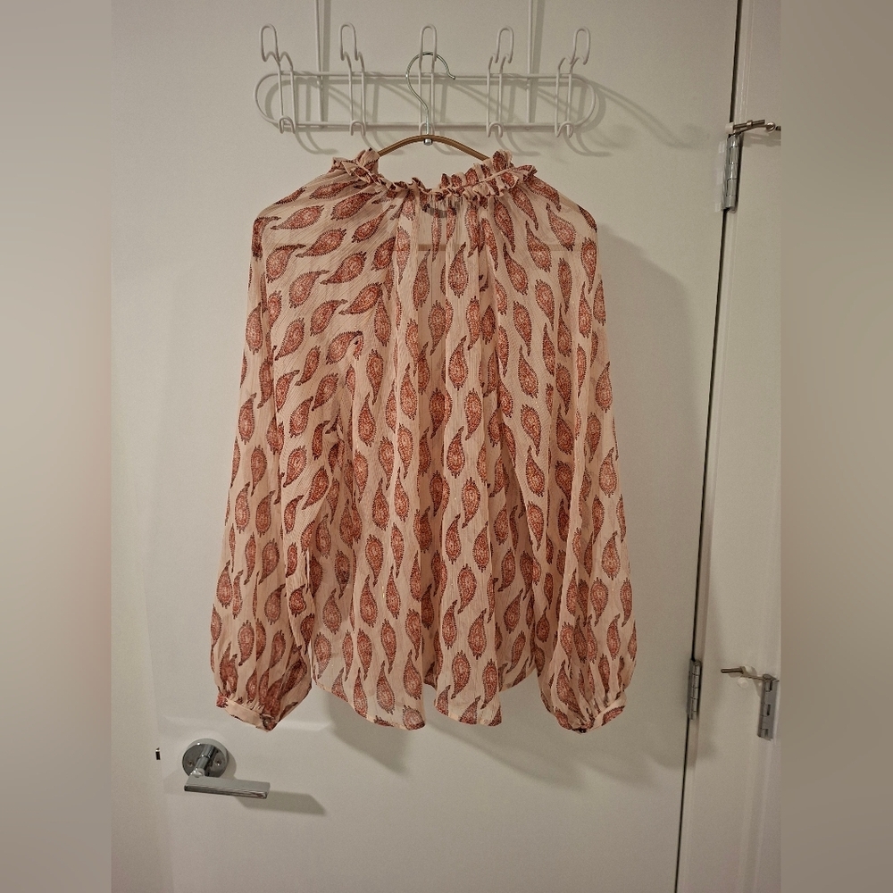 Zara Women's Pink & Gold Paisley Boho Sheer Flowy Puff-sleeve Blouse (Size M/L) - Picture 10 of 10